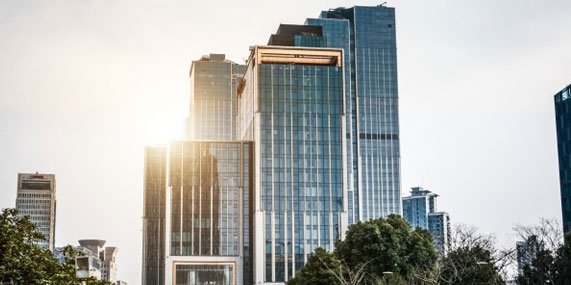 commercial buildings with sunset
